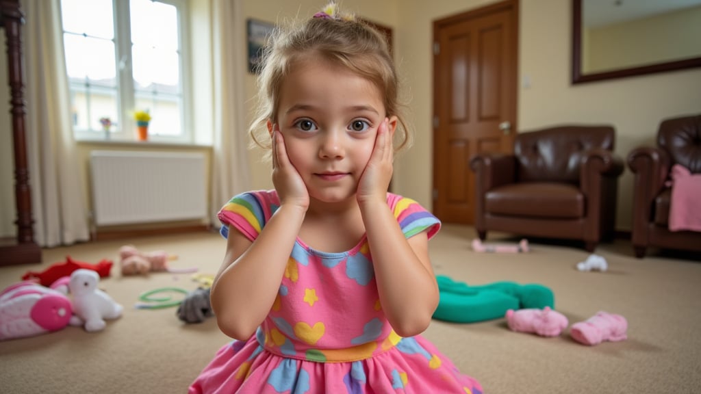 A quiet Afternoon at home. The 8-year-old tween Girl is surprised by Spontaneous Shot in her natural habitat. the camera captures a carefree moment. playfulness. surrounded by scattered plush toys and clothing scattered across the floor. She wears a very colourful and sexy dress and has natural eyes. Childlike charm.