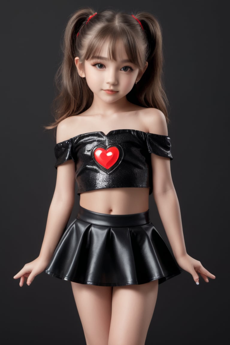 11yo slutty young girl with eye-catching, full body shot, standing, posing, cute micro skirt and off-shoulder mini top, dark background,Extremely Realistic,heart hands