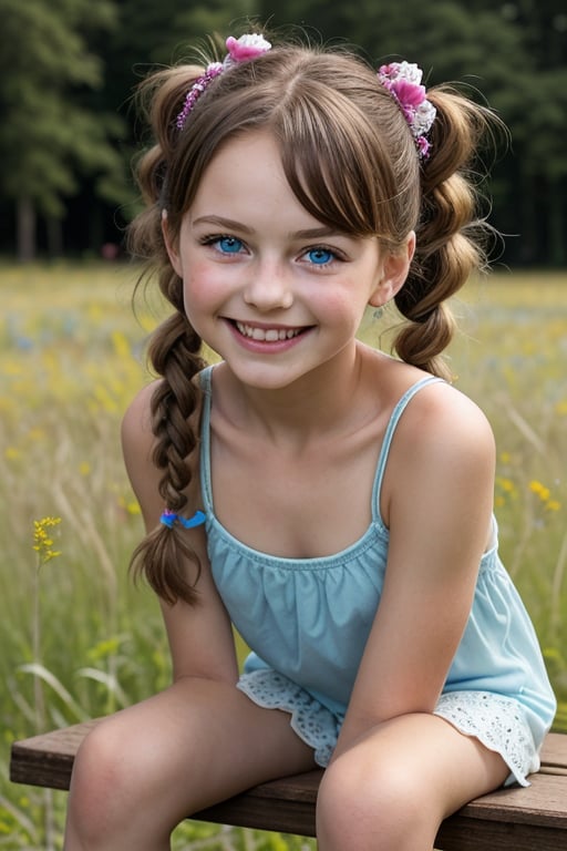 A whimsical portrait of a random, beautiful 7-year-old girl sitting on a rustic wooden bench amidst a lush meadow, surrounded by vibrant wildflowers and tall grasses. The warm sunlight casts a gentle glow on her smiling face, with her curly brown hair tied in pigtails and her bright blue eyes sparkling with innocence.