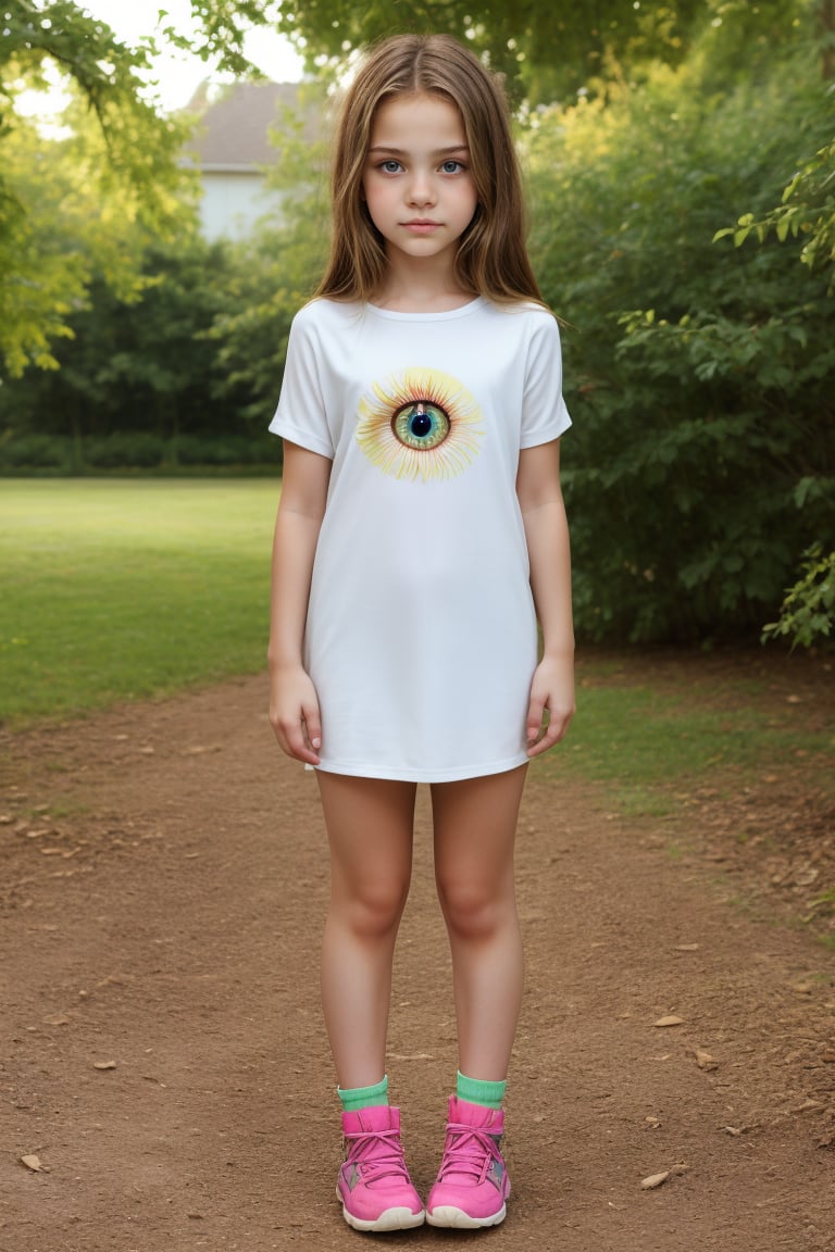 Full body view of an angelic eye, tween girl with a well-formed hot body, 100 times prettier tween girl. hot childish outdoor unique one of a kind style Fashion wear. Simple background, plenty of skin on show, sexy pose.