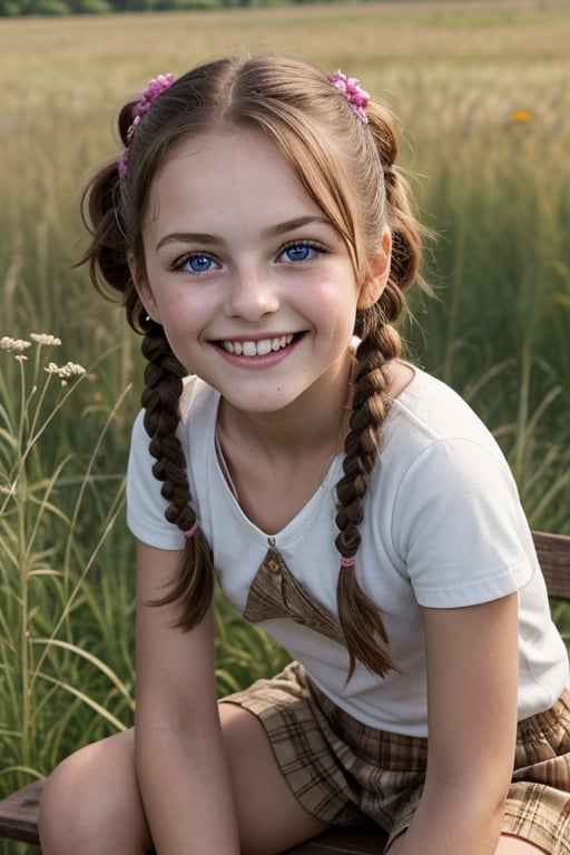 A whimsical portrait of a random, beautiful 7-year-old girl sitting on a rustic wooden bench amidst a lush meadow, surrounded by vibrant wildflowers and tall grasses. The warm sunlight casts a gentle glow on her smiling face, with her curly brown hair tied in pigtails and her bright blue eyes sparkling with innocence.