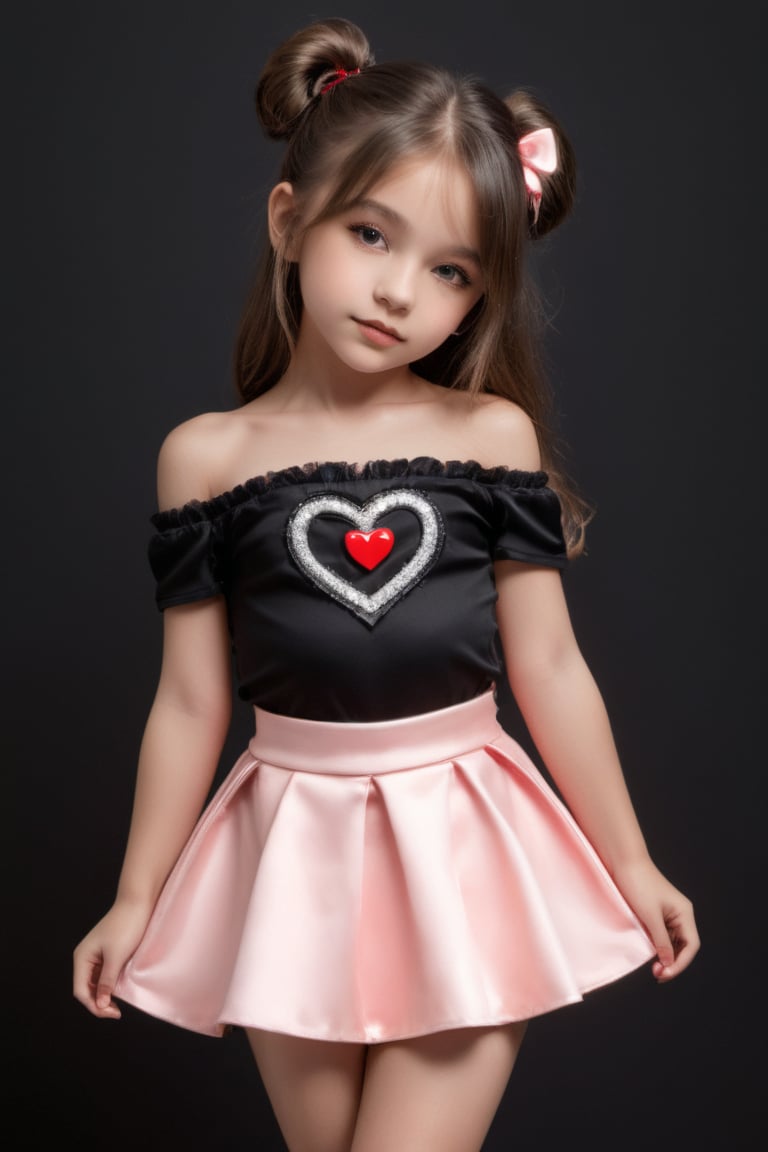 11yo slutty young girl with eye-catching, full body shot, standing, posing, cute micro skirt and off-shoulder mini top, dark background,Extremely Realistic,heart hands