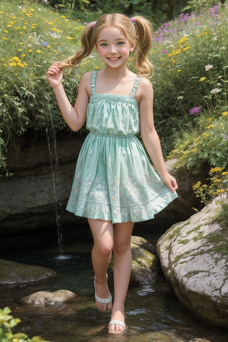 A delicate, freckled-skinned tween girl, 10 yo, bursting with youthful energy, frolics in a lush, emerald-green Austrian alpine garden, surrounded by vibrant wildflowers and the gentle mist of a cascading waterfall. Her bright, cerulean-blue eyes sparkle with joy as she twirls, her golden-blonde pigtails bouncing with each carefree movement. Soft sunlight casts a warm glow on her rosy cheeks, accentuating the beauty of her beaming smile.