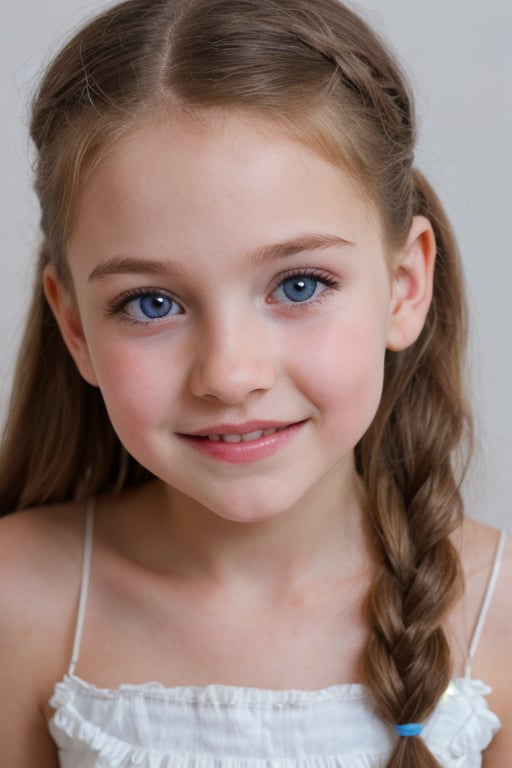 (8k, masterpiece, best quality, high res), little girl, long hair, ((hair pulled back hairstyles)), pale blue eyes, , brown hair with blue steaks,  smile,(closed mouth:1.2) , delicate eyes, delicate face, hair accessories,focus, portrait, 7-year-old-tween