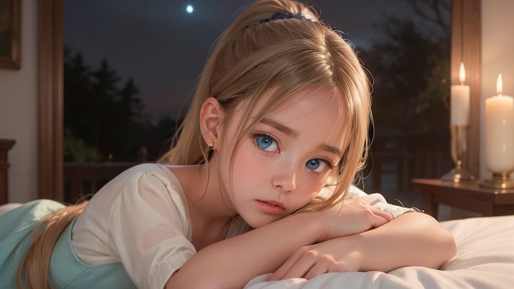 A whimsical still life: a youthful angel reclines in a cozy sanctuary, bathed in soft moonlight and candlelight. Her piercing blue eyes gaze directly at us, as she starts to cry, her expression a poignant mix of sadness and worry. Long, light blonde hair cascades down, framing her heart-shaped face with bangs and a ponytail. Luxurious textures of the bed frame her lounging figure, inviting us into this serene scene.