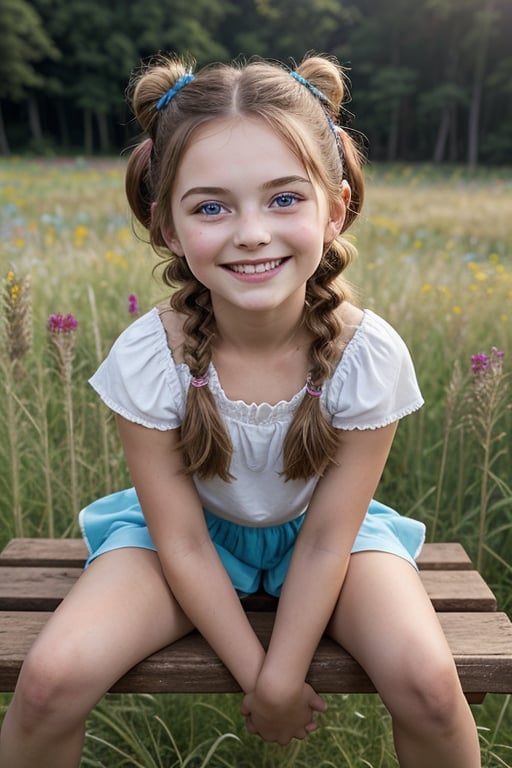 A whimsical portrait of a random, beautiful 7-year-old girl sitting on a rustic wooden bench amidst a lush meadow, surrounded by vibrant wildflowers and tall grasses. The warm sunlight casts a gentle glow on her smiling face, with her curly brown hair tied in pigtails and her bright blue eyes sparkling with innocence.