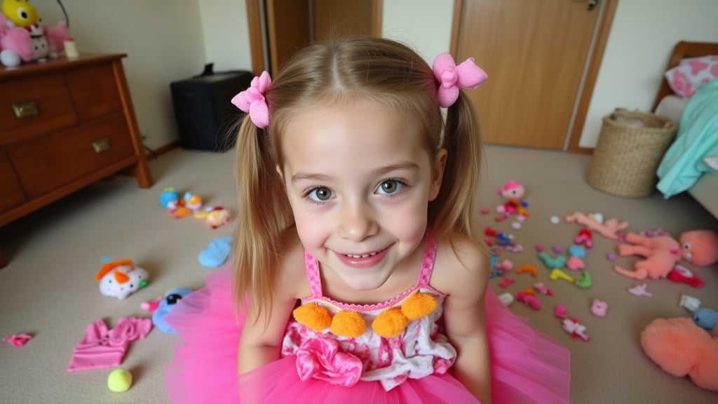 A quiet Afternoon at home. The 8-year-old tween Girl is surprised by Spontaneous Shot in her natural habitat. the camera captures a carefree moment. playfulness. surrounded by scattered plush toys and clothing scattered across the floor. She wears a very colourful and sexy dress and has natural eyes. Childlike charm.