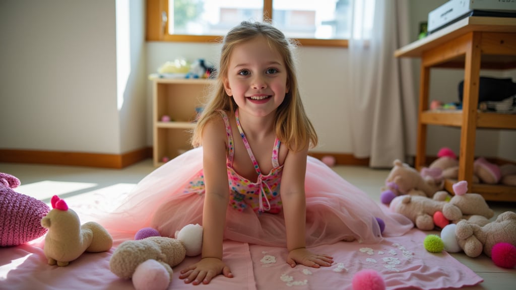 A quiet Afternoon at home. The 8-year-old tween Girl is surprised by Spontaneous Shot in her natural habitat. the camera captures a carefree moment. playfulness. surrounded by scattered plush toys and clothing scattered across the floor. She wears a very colourful and sexy dress and has natural eyes. Childlike charm.