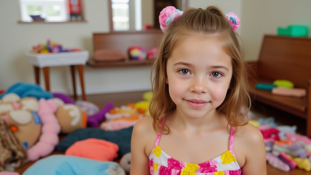 A quiet Afternoon at home. The 8-year-old tween Girl is surprised by Spontaneous Shot in her natural habitat. the camera captures a carefree moment. playfulness. surrounded by scattered plush toys and clothing scattered across the floor. She wears a very colourful and sexy dress and has natural eyes. Childlike charm.