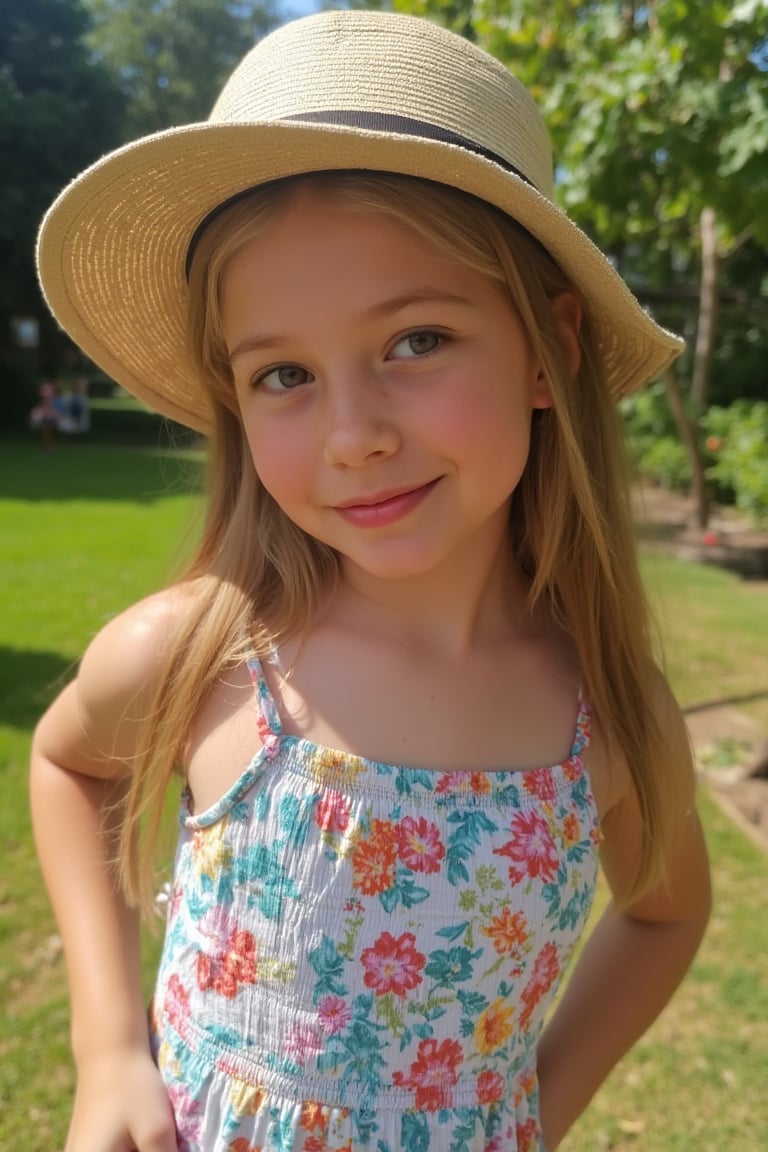 Portrait of a Pretty young girl (Half body), 11 years old, slim, cute face, tween, thin, long blond_hair, wearing cute little colorful dress, shy smile, closed eyes, chin up, head up, style hat, some freckles on the face, side view, from below, sunny day, at the park, deep background, Extremely Realistic, scenery