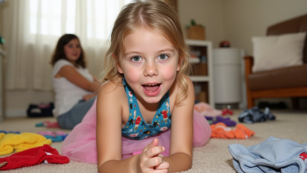 A quiet Afternoon at home. The 8-year-old tween Girl is surprised by Spontaneous Shot in her natural habitat. the camera captures a carefree moment. playfulness. surrounded by scattered plush toys and clothing scattered across the floor. She wears a very colourful and sexy dress and has natural eyes. Childlike charm.