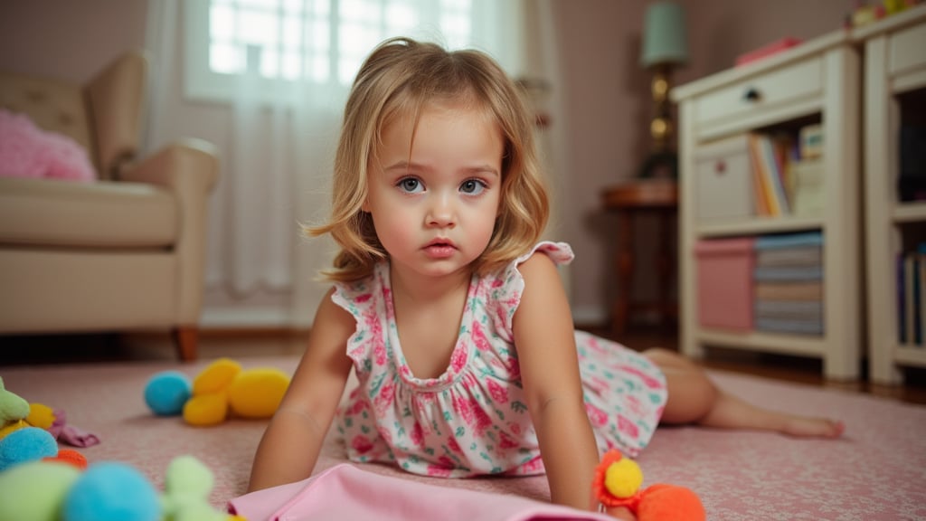 A quiet Afternoon at home. The 8-year-old tween Girl is surprised by Spontaneous Shot in her natural habitat. the camera captures a carefree moment. playfulness. surrounded by scattered plush toys and clothing scattered across the floor. She wears a very colourful and sexy dress and has natural eyes. Childlike charm.