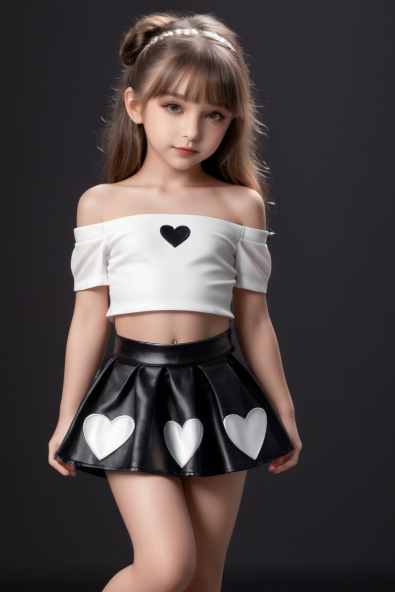 11yo slutty young girl with eye-catching, full body shot, standing, posing, cute micro skirt and off-shoulder mini top, dark background,Extremely Realistic,heart hands