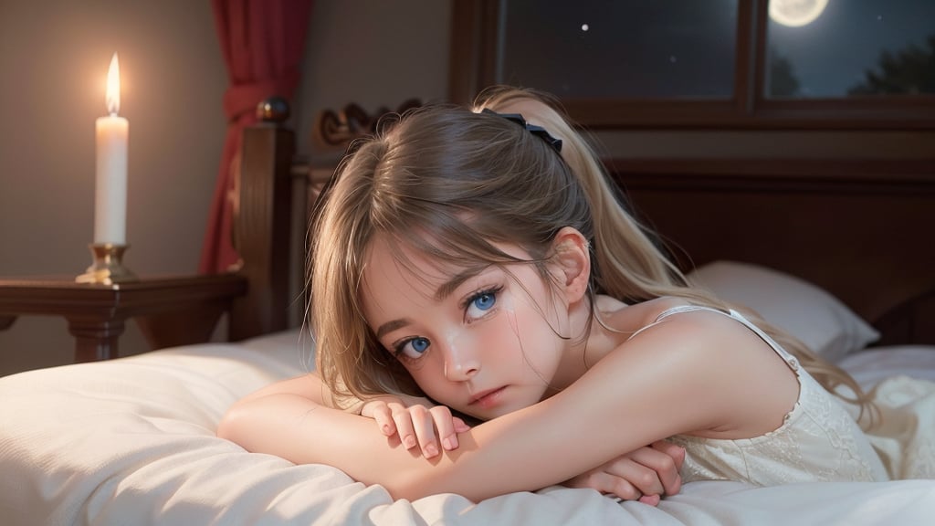 A whimsical still life: a youthful angel reclines in a cozy sanctuary, bathed in soft moonlight and candlelight. Her piercing blue eyes gaze directly at us, as she starts to cry, her expression a poignant mix of sadness and worry. Long, light blonde hair cascades down, framing her heart-shaped face with bangs and a ponytail. Luxurious textures of the bed frame her lounging figure, inviting us into this serene scene.