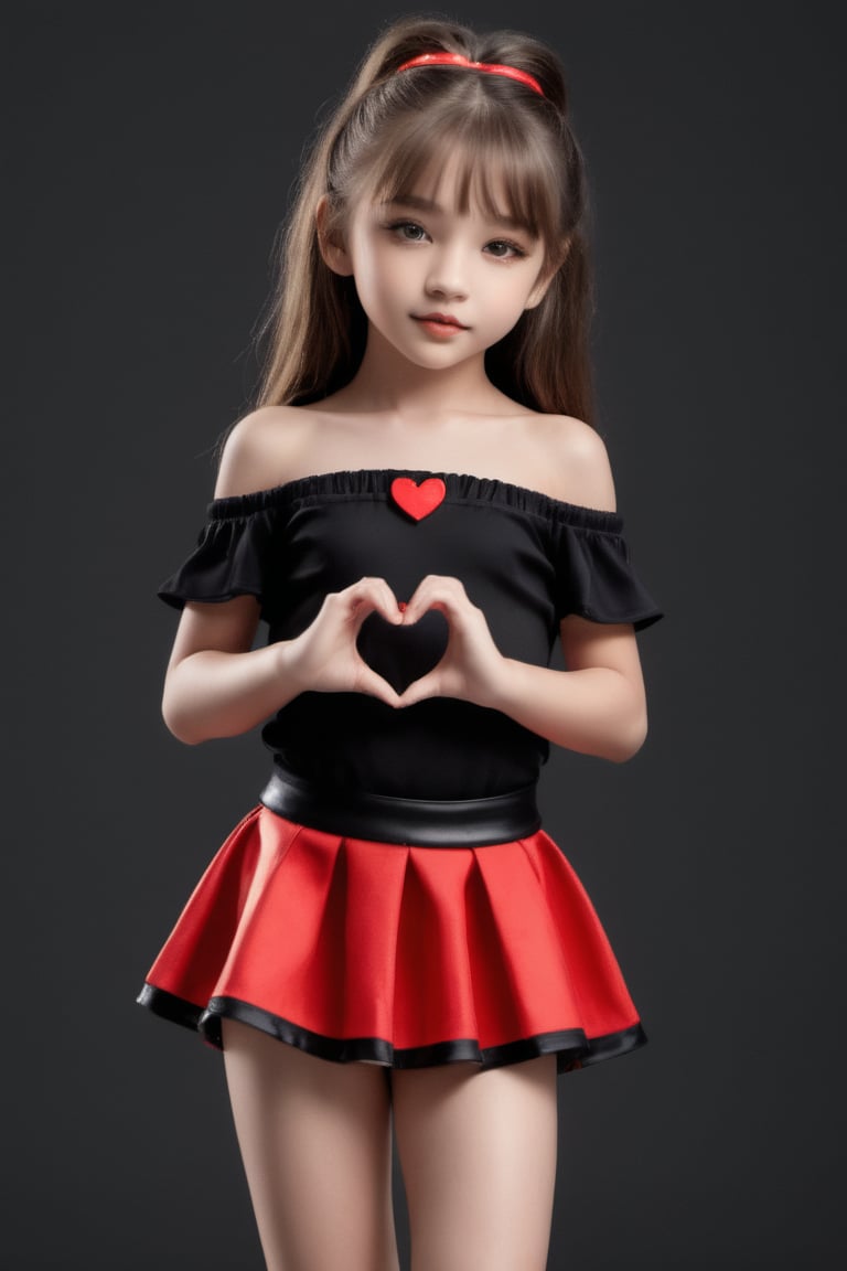 11yo slutty young girl with eye-catching, full body shot, standing, posing, cute micro skirt and off-shoulder mini top, dark background,Extremely Realistic,heart hands