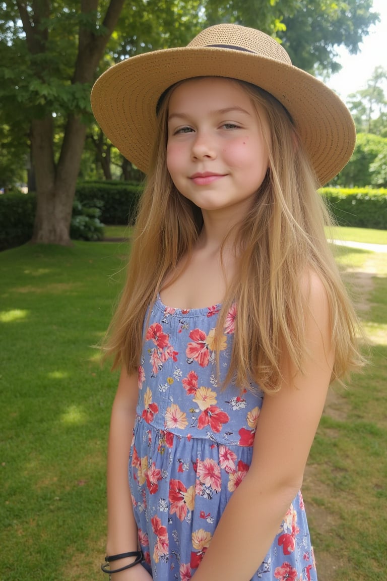 Portrait of a Pretty young girl (Half body), 11 years old, slim, cute face, tween, thin, long blond_hair, wearing cute little colorful dress, shy smile, closed eyes, chin up, head up, style hat, some freckles on the face, side view, from below, sunny day, at the park, deep background, Extremely Realistic, scenery