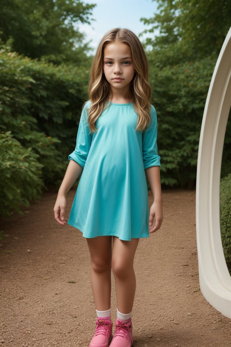 Full-body view of an aqua-eyed tween girl with a well-formed hot body, 100 times prettier tween girl. Hot childish outdoor unique one-of-a-kind style Fashion wear. Simple background, plenty of skin on show, sexy pose. SFW.