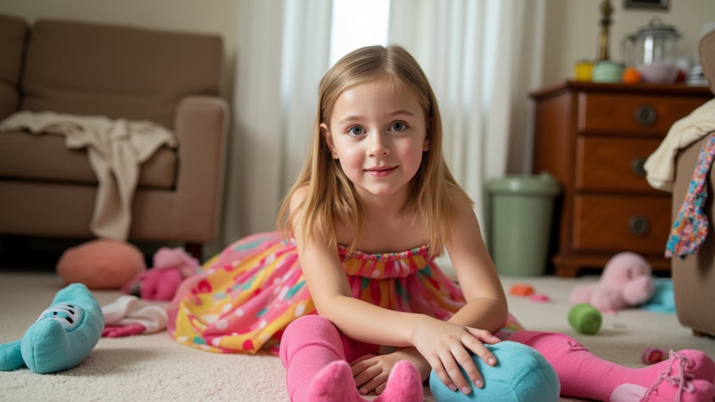 A quiet Afternoon at home. The 8-year-old tween Girl is surprised by Spontaneous Shot in her natural habitat. the camera captures a carefree moment. playfulness. surrounded by scattered plush toys and clothing scattered across the floor. She wears a very colourful and sexy dress and has natural eyes. Childlike charm.