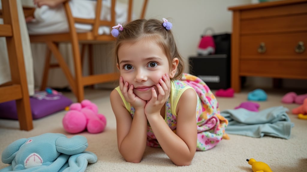 A quiet Afternoon at home. The 8-year-old tween Girl is surprised by Spontaneous Shot in her natural habitat. the camera captures a carefree moment. playfulness. surrounded by scattered plush toys and clothing scattered across the floor. She wears a very colourful and sexy dress and has natural eyes. Childlike charm.