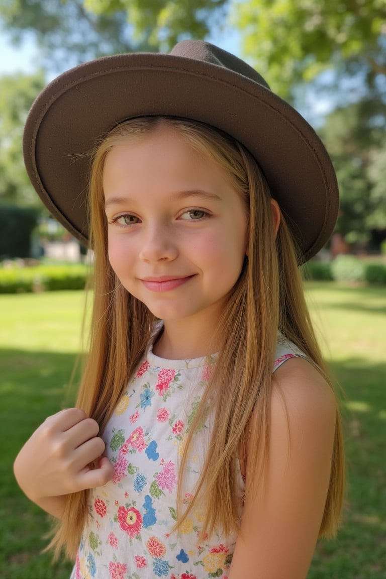 Portrait of a Pretty young girl (Half body), 11 years old, slim, cute face, tween, thin, long blond_hair, wearing cute little colorful dress, shy smile, closed eyes, chin up, head up, style hat, some freckles on the face, side view, from below, sunny day, at the park, deep background, Extremely Realistic, scenery