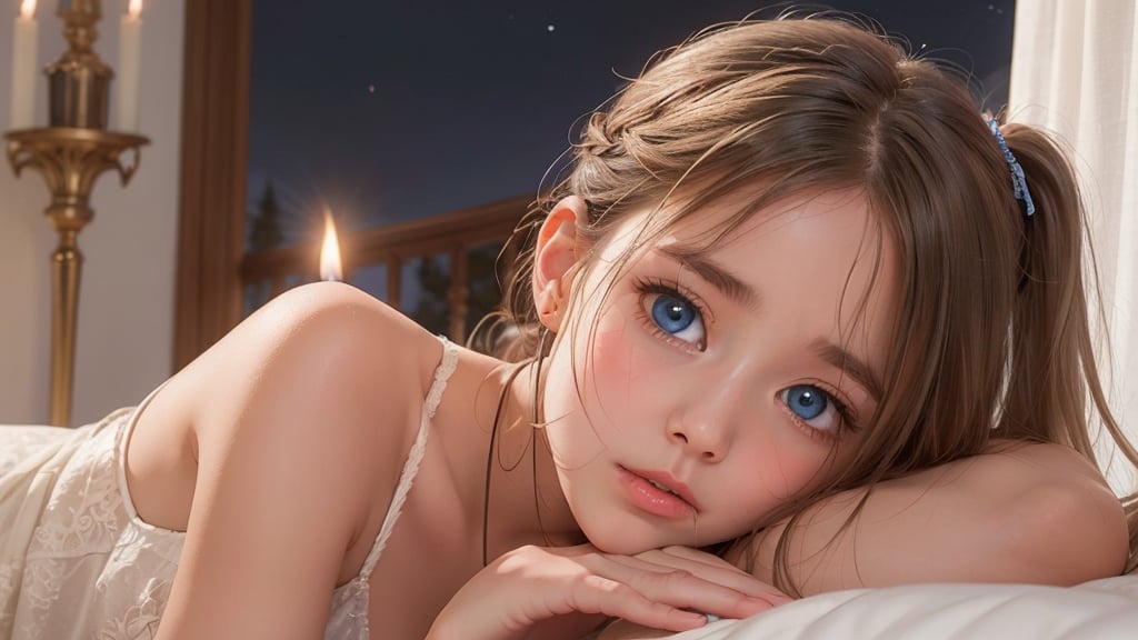 A whimsical still life: a youthful angel reclines in a cozy sanctuary, bathed in soft moonlight and candlelight. Her piercing blue eyes gaze directly at us, as she starts to cry, her expression a poignant mix of sadness and worry. Long, light blonde hair cascades down, framing her heart-shaped face with bangs and a ponytail. Luxurious textures of the bed frame her lounging figure, inviting us into this serene scene.