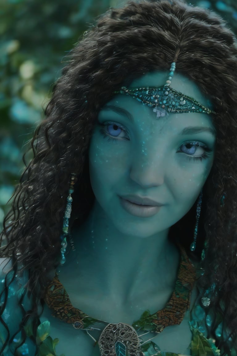 Beautiful na’vi, female, ((Jennifer Stone)), aqua skin, mother, jewelry, black curly hair, blue eyes, ((forest with trees:background)), ((closeup)), ((night time)), movie scene, freckles, detailed, hdr, high quality, movie still, visible tail, skin detail,no children in background,make her look 39 years old,give her wrinkels but not like an old person,dimond face shape,The hairstyle in the image features a series of thin, tight braids that are gathered at the back of the head. Some of these braids are adorned with small beads and metal clasps, adding a decorative touch. The hair is sectioned into several parts, with each braid meticulously crafted, giving the overall look a neat and well-maintained appearance. This style suggests a significant amount of time and skill to create.