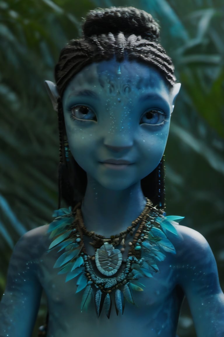 Beautiful na’vi, ((Brooklynn Prince)), dark blue skin, baby, young, jewelry, black hair, light blue eyes, aqua_earrings, ((jungle:background)), ((closeup)), movie scene, freckles, detailed, hdr, high quality, movie still, visible tail, skin detail ,view,ADD MORE DETAIL 