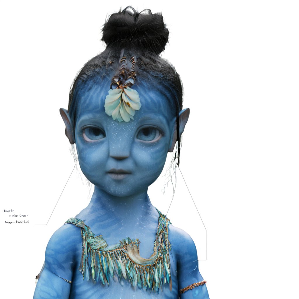 a pretty na'vi baby , 1_girl, ((ariana greenblatt)) 6 months old, no eyebrows, light blue eyes, ,Na'vi,Read description,Neytiri,Tsireya, not cross eyed ((blank background))