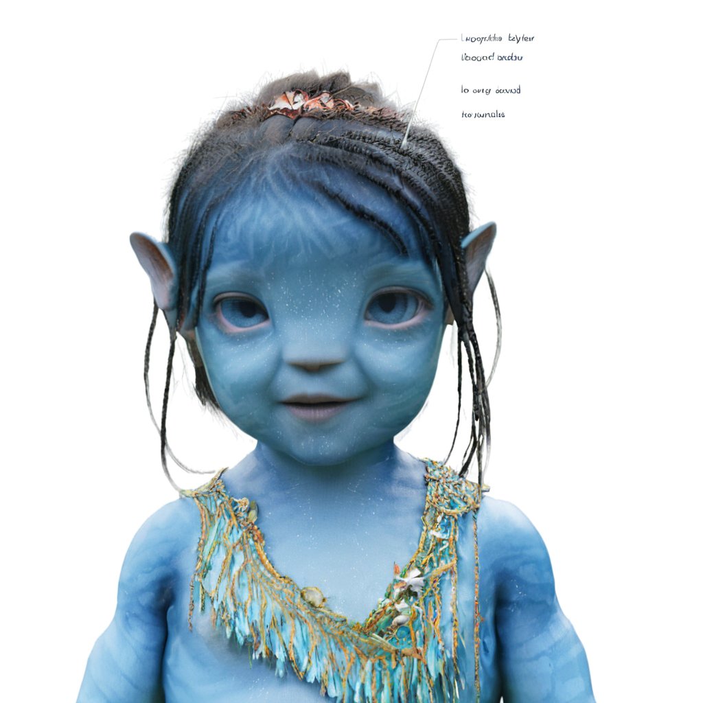 a pretty na'vi baby , 1_girl, ((ariana greenblatt)) 6 months old, no eyebrows, light blue eyes, happy,Na'vi,Read description,Neytiri,Tsireya, not cross eyed ((blank background))