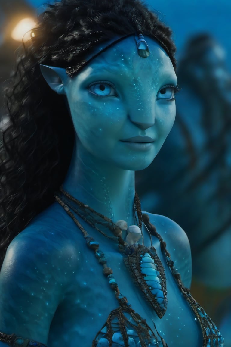 Beautiful na’vi, female, ((Jennifer Stone)), aqua skin, mother, jewelry, black curly hair, blue eyes, ((beach bonfiire:background)), ((closeup)), ((night time)), movie scene, freckles, detailed, hdr, high quality, movie still, visible tail, skin detail,no children in background