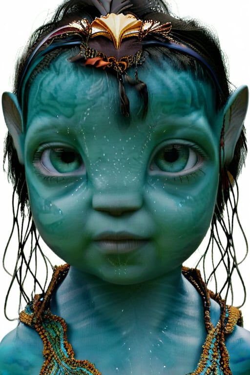 a pretty na'vi toddler , 1_girl, ((ariana greenblatt)) 6 months old, no eyebrows, light blue eyes, happy,Na'vi,Read description,Neytiri, not cross eyed ((blank background)) curly hair NO BRAIDS