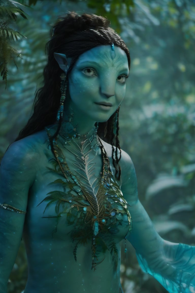 Beautiful na’vi, female, ((Jennifer Stone)), aqua skin, mother, jewelry, black curly hair, blue eyes, ((forest with trees:background)), ((closeup)), ((night time)), movie scene, freckles, detailed, hdr, high quality, movie still, visible tail, skin detail,no children in background,make her look 39 years old,give her wrinkels but not like an old person,dimond face shape,