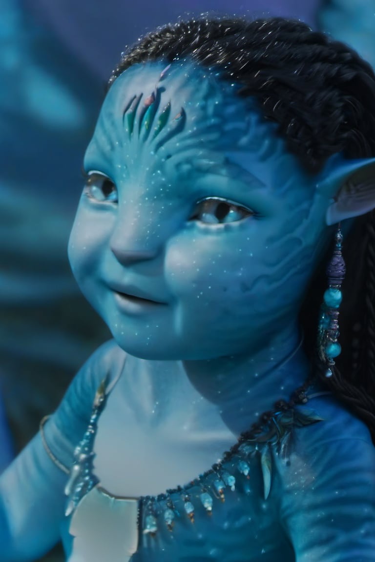 Beautiful na’vi, ((Brooklynn Prince)), dark blue skin, baby, young, jewelry, black hair, light blue eyes, aqua_earrings, ((blank:background)), ((closeup)), movie scene, freckles, detailed, hdr, high quality, movie still, visible tail, skin detail ,view,ADD MORE DETAIL 