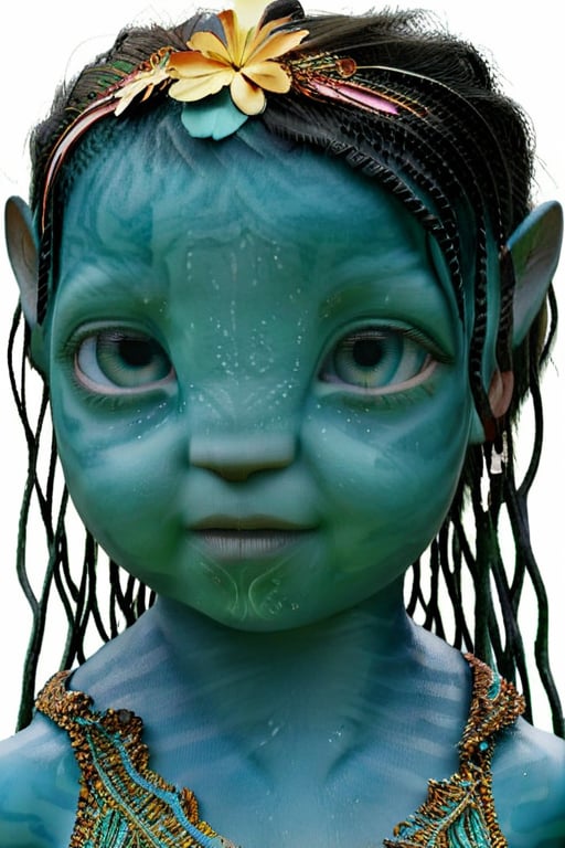 a pretty na'vi toddler , 1_girl, ((ariana greenblatt)) 6 months old, no eyebrows, light blue eyes, happy,Na'vi,Read description,Neytiri, not cross eyed ((blank background)) curly hair NO BRAIDS