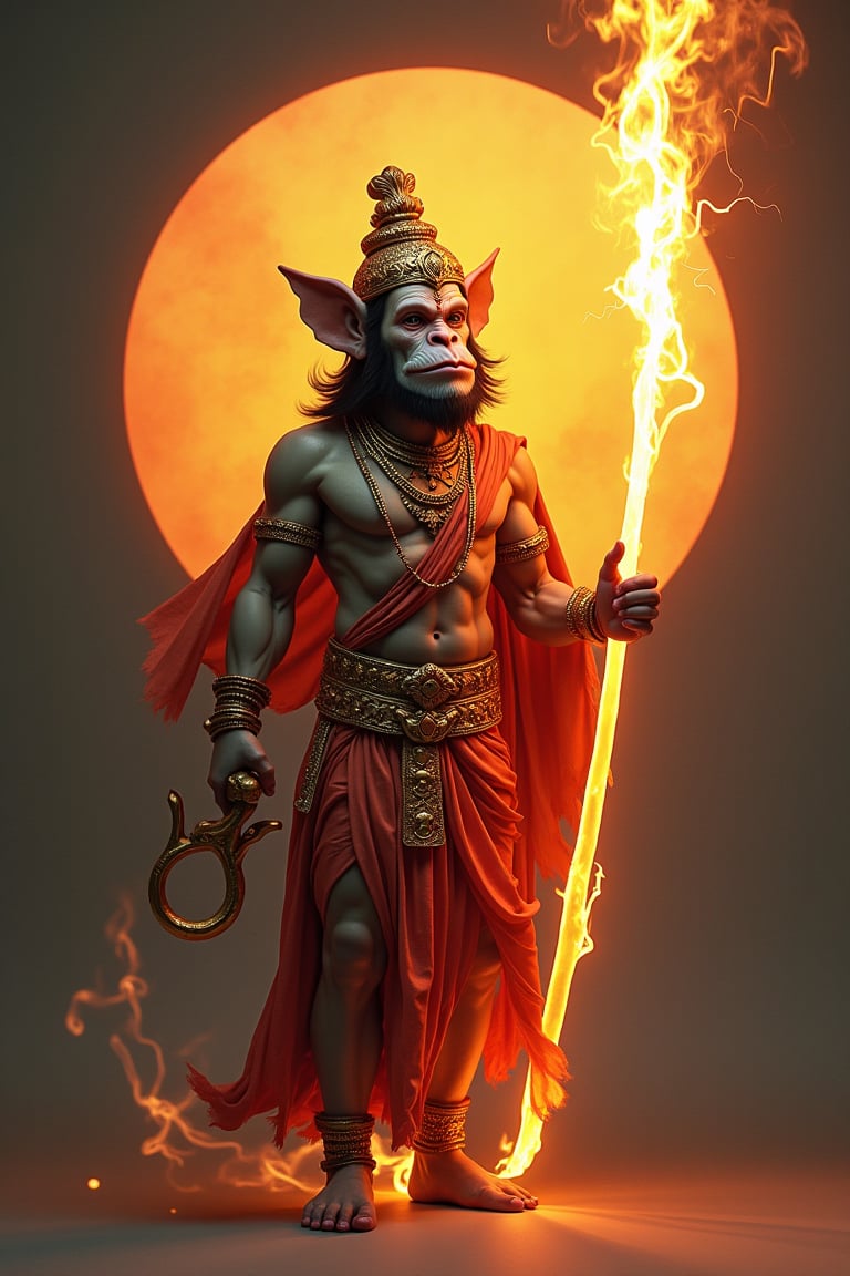 Monkey God Hanuman, holding lightning-shaped long stick