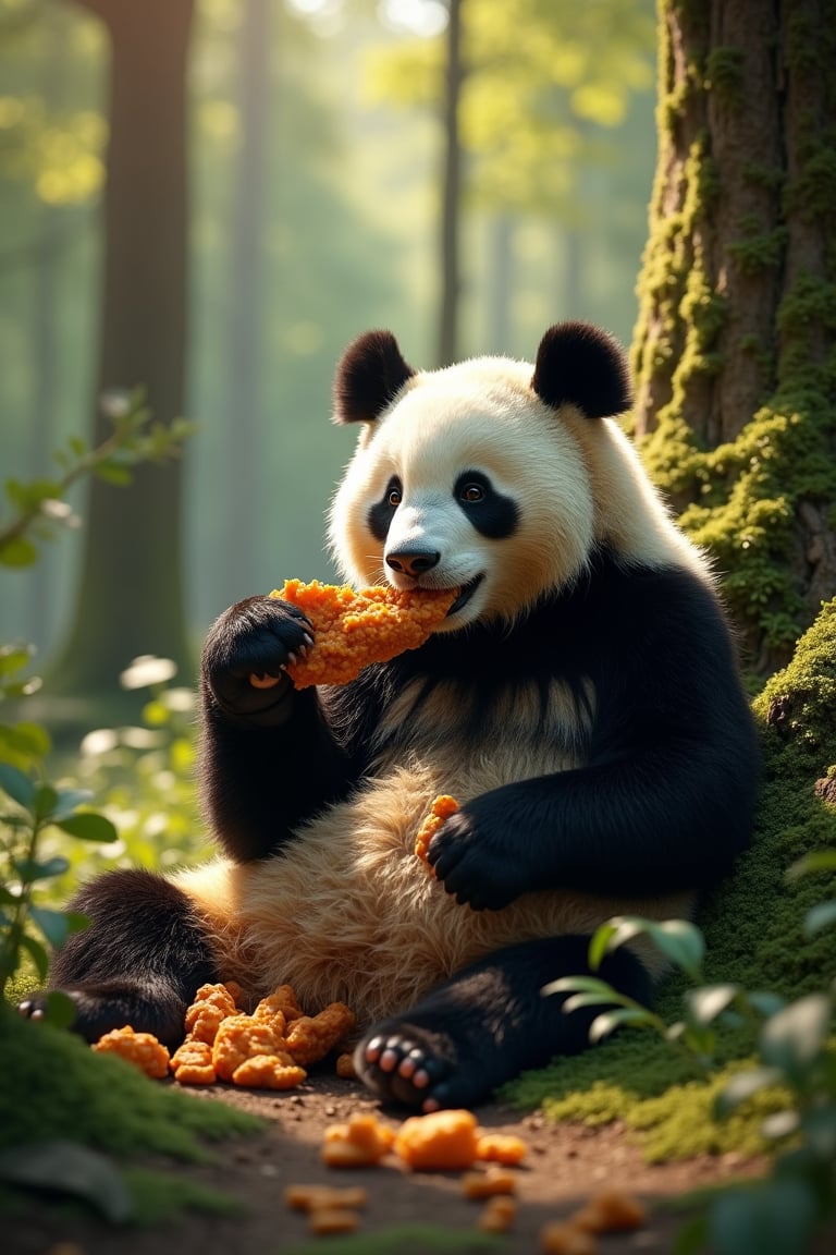 In a lush, sun-dappled clearing deep within the woods, a giant panda sits comfortably on a natural rock formation, surrounded by tall trees and underbrush. He holds a crispy piece of fried chicken in his paw, taking a leisurely bite as he savors the savory flavors. The lighting is soft and warm, casting dappled shadows across the forest floor.