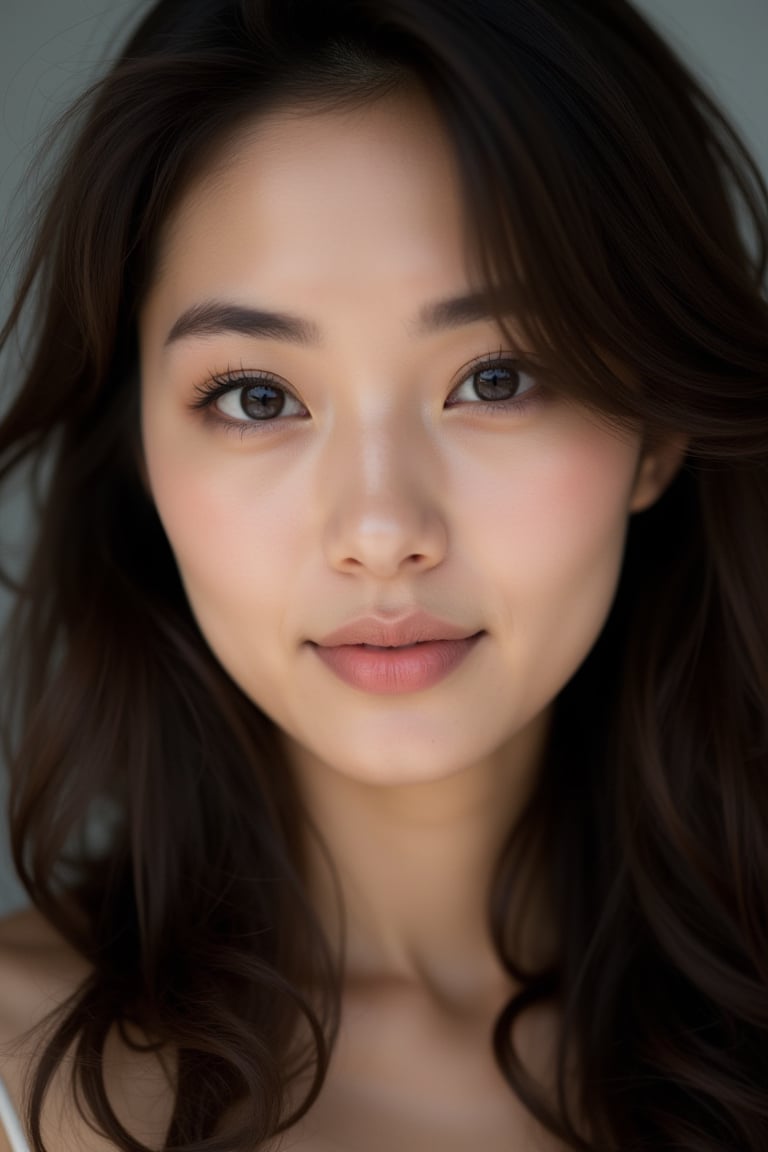 close-up, japanese woman, 40 year old, black eyes, brown long wavy hair, ultra-realistic, portrait,