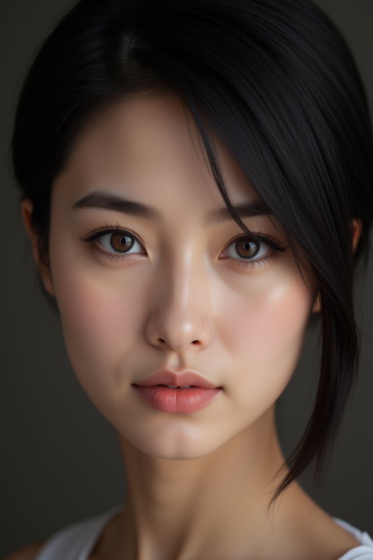 close-up, japanese mature, 50 year old, black eyes, pixie cut hair, ultra-realistic, portrait, shot on a Sony A7III, high quality --ar 35:64 --quality 2 --v 6.1