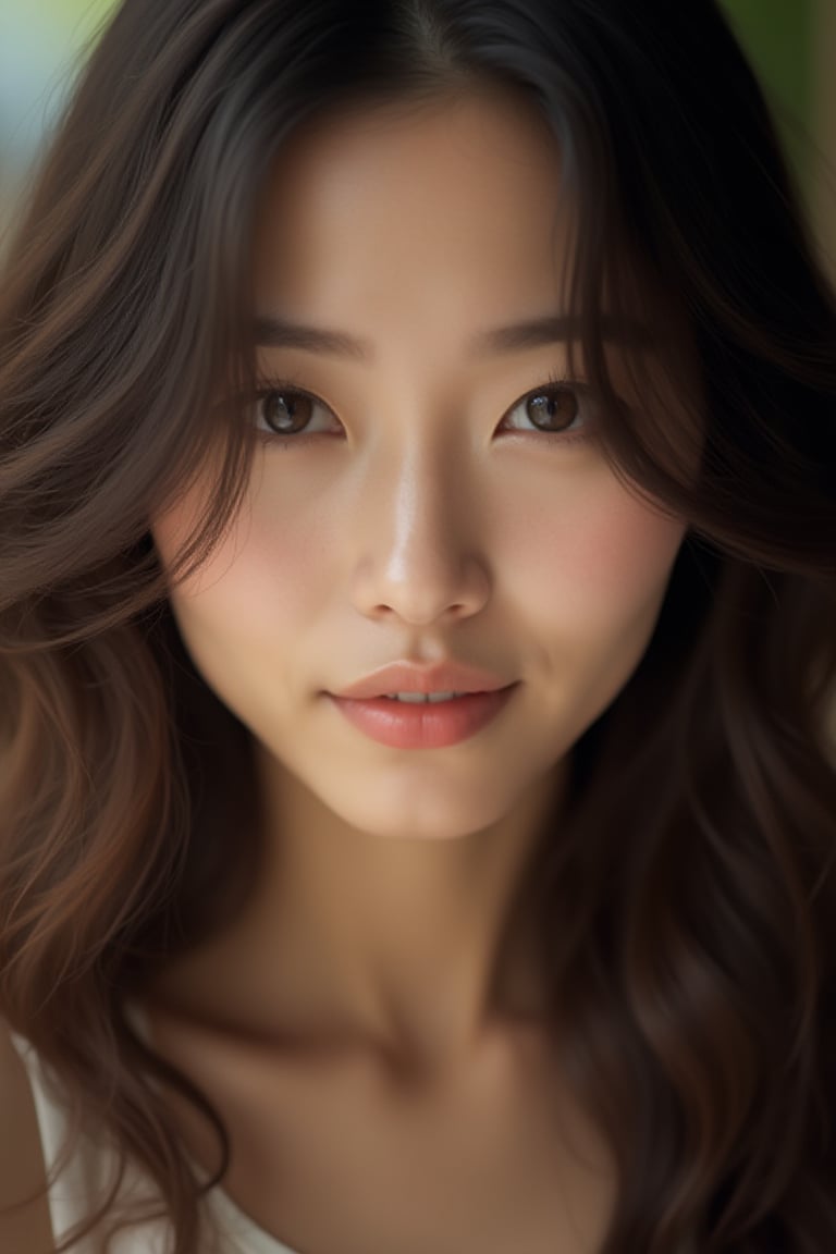 close-up, japanese mature, 40 year old, black eyes, brown long wavy hair, ultra-realistic, portrait,