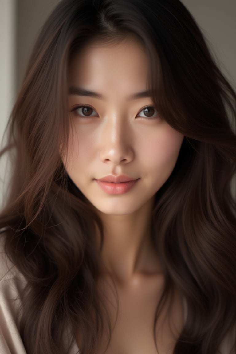 close-up, japanese mature, 40 year old, black eyes, brown long wavy hair, ultra-realistic, portrait,