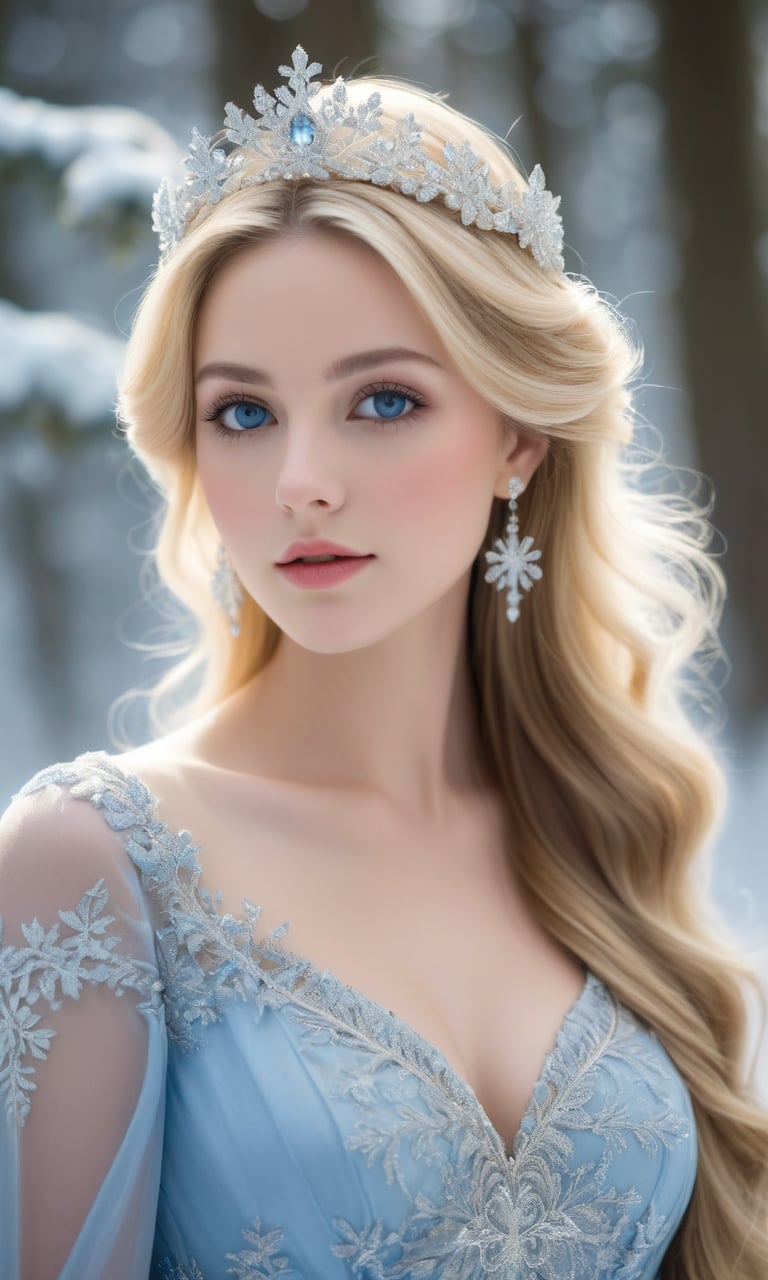 An ethereal and elegant young woman with long, flowing blonde hair, wearing a beautifully embroidered ice-blue gown with snowflake patterns. She stands in a snow-covered forest with soft, dappled sunlight filtering through the trees. Her gaze is calm and captivating, with deep blue eyes that stand out against the wintry backdrop. She wears a delicate snowflake tiara and sparkling earrings, adding to her regal appearance. The atmosphere is serene and magical, with a subtle glow enhancing her natural beauty.