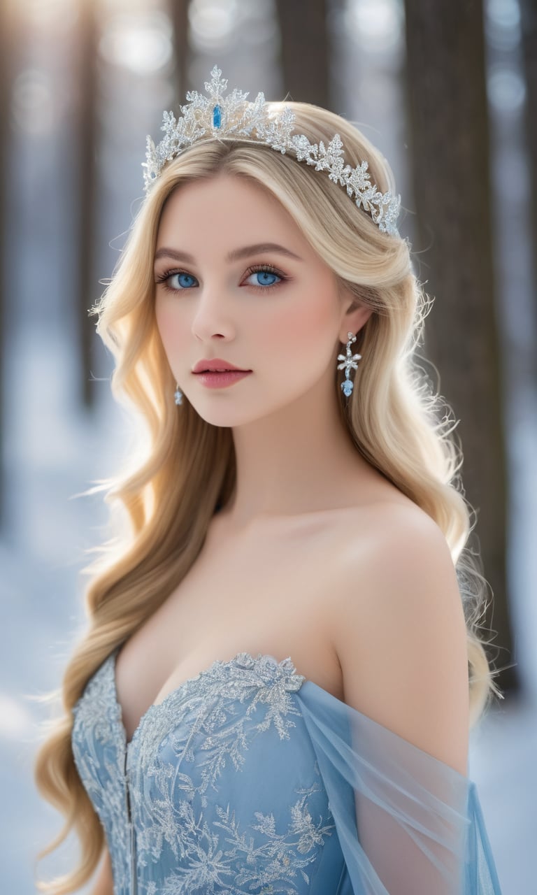 An ethereal and elegant young woman with long, flowing blonde hair, wearing a beautifully embroidered ice-blue gown with snowflake patterns. She stands in a snow-covered forest with soft, dappled sunlight filtering through the trees. Her gaze is calm and captivating, with deep blue eyes that stand out against the wintry backdrop. She wears a delicate snowflake tiara and sparkling earrings, adding to her regal appearance. The atmosphere is serene and magical, with a subtle glow enhancing her natural beauty.