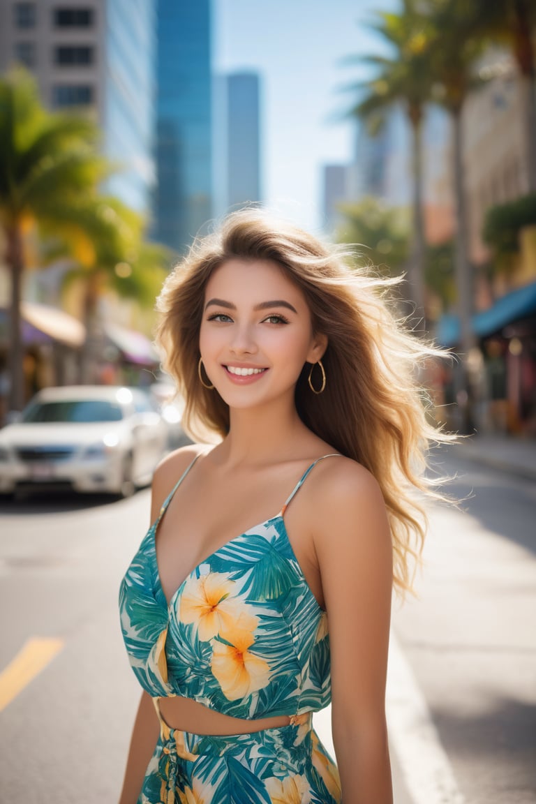 Beautiful girl stands confidently in a bustling Florida city street, surrounded by palm trees and vibrant architecture. She is wearing a stylish summer outfit, with her hair softly flowing in the warm breeze. Her expression is a mix of curiosity and joy, with a slight playful smirk on her lips. Her bright eyes are wide and sparkling with excitement, slightly squinting as she smiles genuinely. She has a faint, relaxed brow, showing a sense of wonder and enjoyment as she glances towards the camera. The sunlight highlights her natural glow, accentuating her youthful and radiant complexion. Behind her, the skyline features modern skyscrapers, colorful buildings, and street art, capturing the dynamic essence of the city.