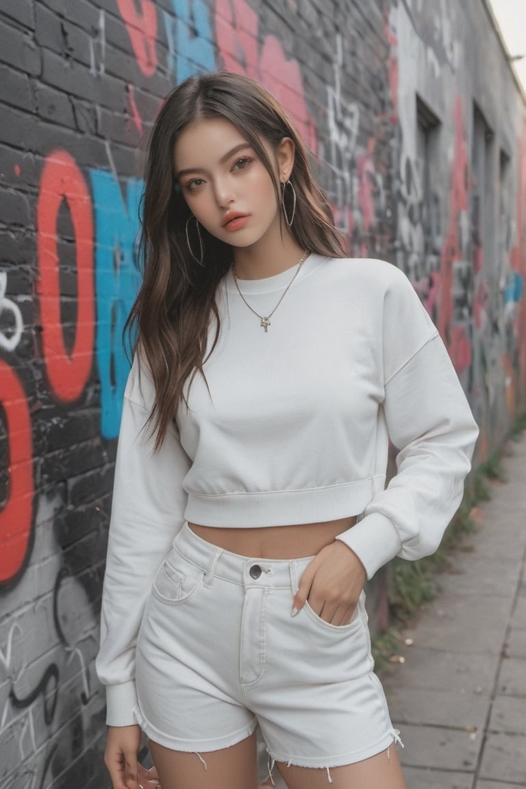 Virtual influencer in a chic urban streetwear outfit, posing confidently against a graffiti wall.