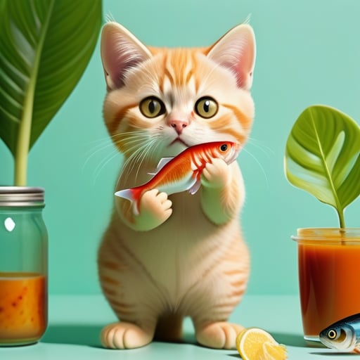 a yellow little cat  eating a fish 
pose standing ,hand hold fish and sauce 
background green plants 