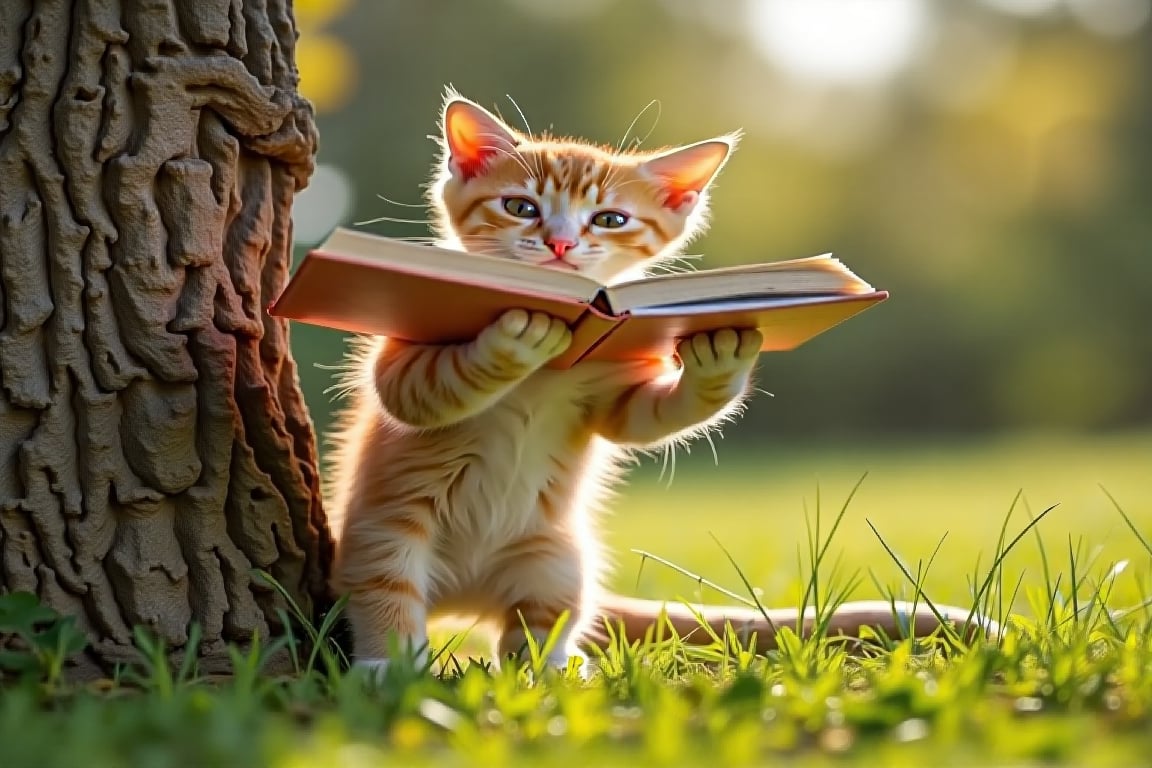 a yellow little cat standing  reading  book 
pose 2 hand holding  book, lean to  tree
