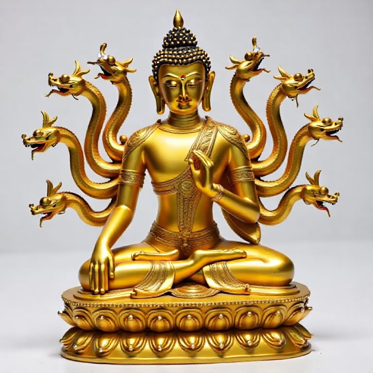 a  gold Buddha with 7 naga at back sitting on lotus flower