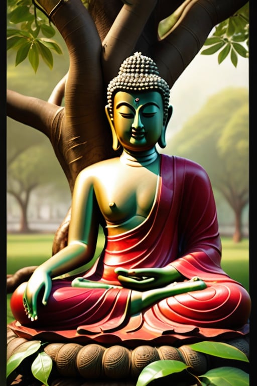 A realistic image of a red Ruby Buddha statue sitting beneath the Bodhi tree, with a serene expression on his face. The golden hue of the Buddha's body is contrasted by the lush green leaves of the Bodhi tree. The image is rendered in a classical style, with attention to detail and texture. The resolution is high, with a focus on capturing the intricate details of the Buddha's robes and the leaves of the tree.