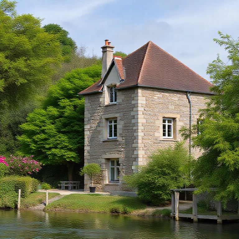 a stone house beside riverside
background  tree,flower 