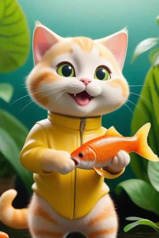 a yellow little cat  eating a fish 
pose standing ,hand hold fish and sauce 
smile expression 
background green plants 